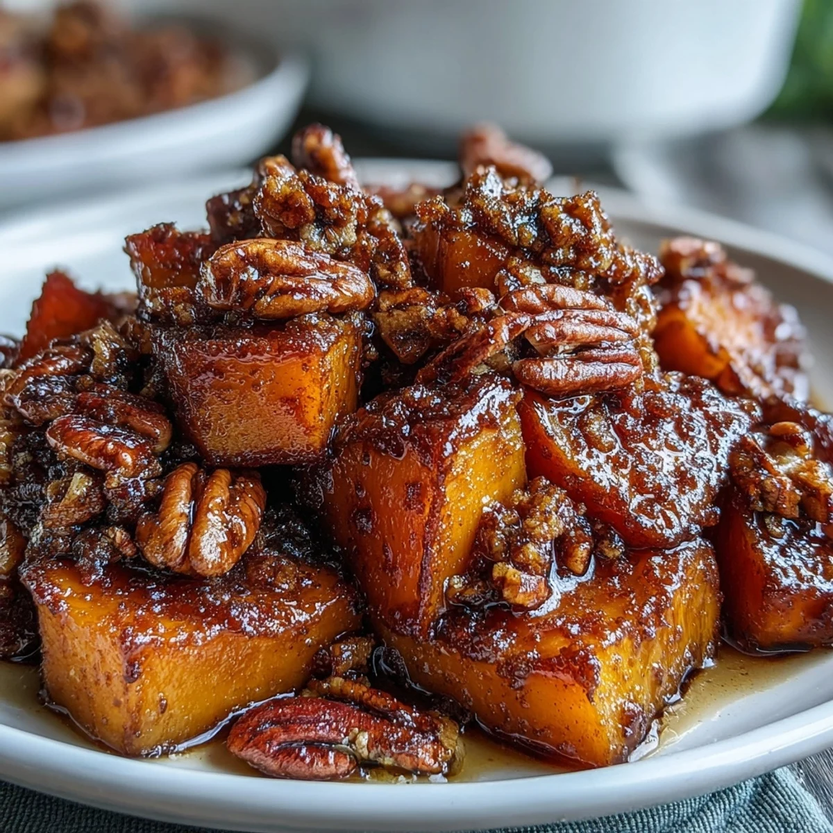 Rich and buttery candied yams casserole with crunchy pecan streusel, a comforting side for family gatherings.