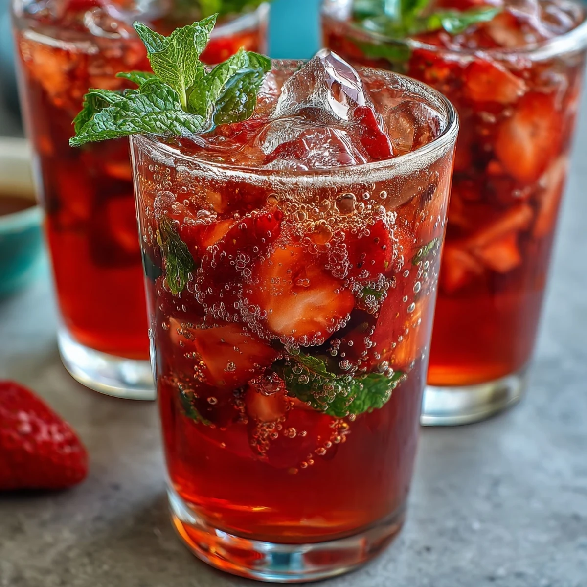 Refreshing non-alcoholic strawberry cocktail featuring muddled berries, lemon, and sparkling water, garnished with cucumber and mint.