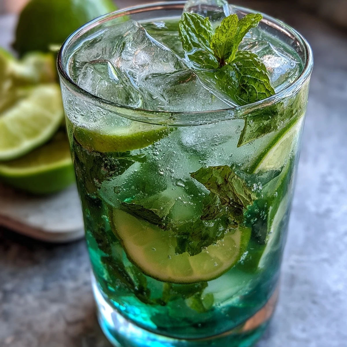 Cool and crisp alcohol-free mojito bursting with muddled lime, mint, and cucumber, topped with sparkling water and garnished with fresh herbs.