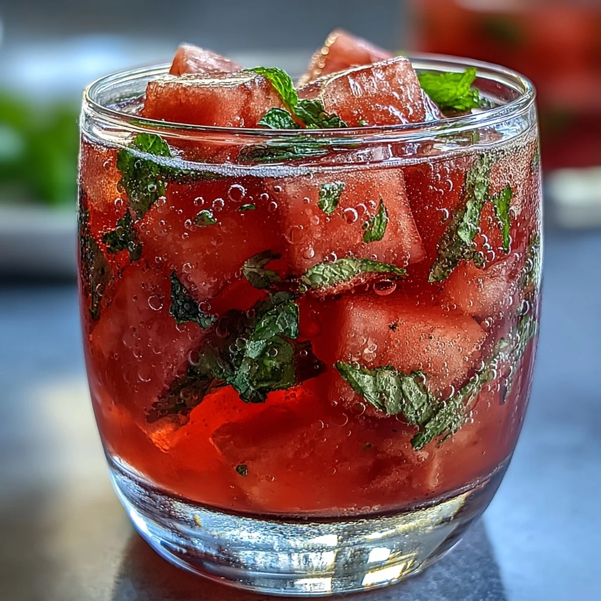 A vibrant pitcher of watermelon mint infused water, showcasing fresh cubes and aromatic mint leaves in chilled, clear liquid.