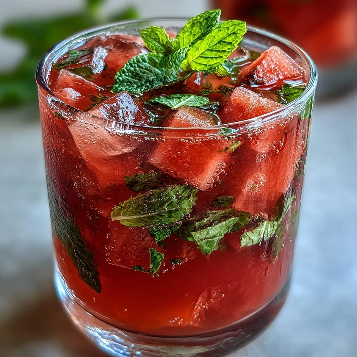 Glass of watermelon mint infused water with floating fruit and herbs, offering a naturally sweet and cooling beverage.
