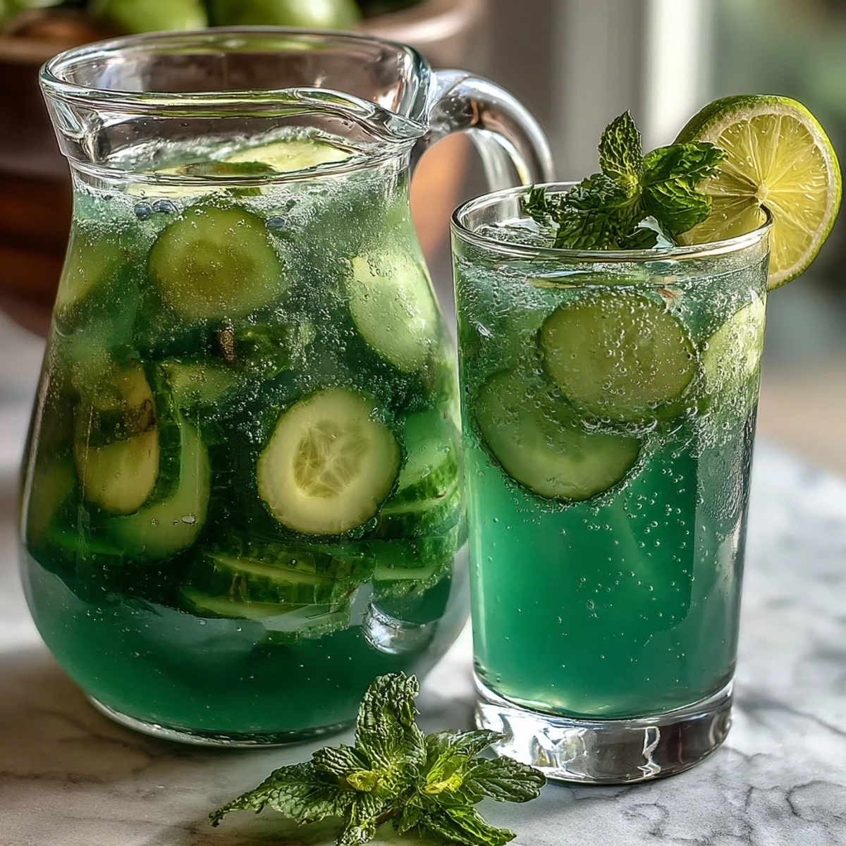 Refreshing non-alcoholic beverage featuring crisp cucumber, mint, and bubbles, perfect for hydration and entertaining guests.