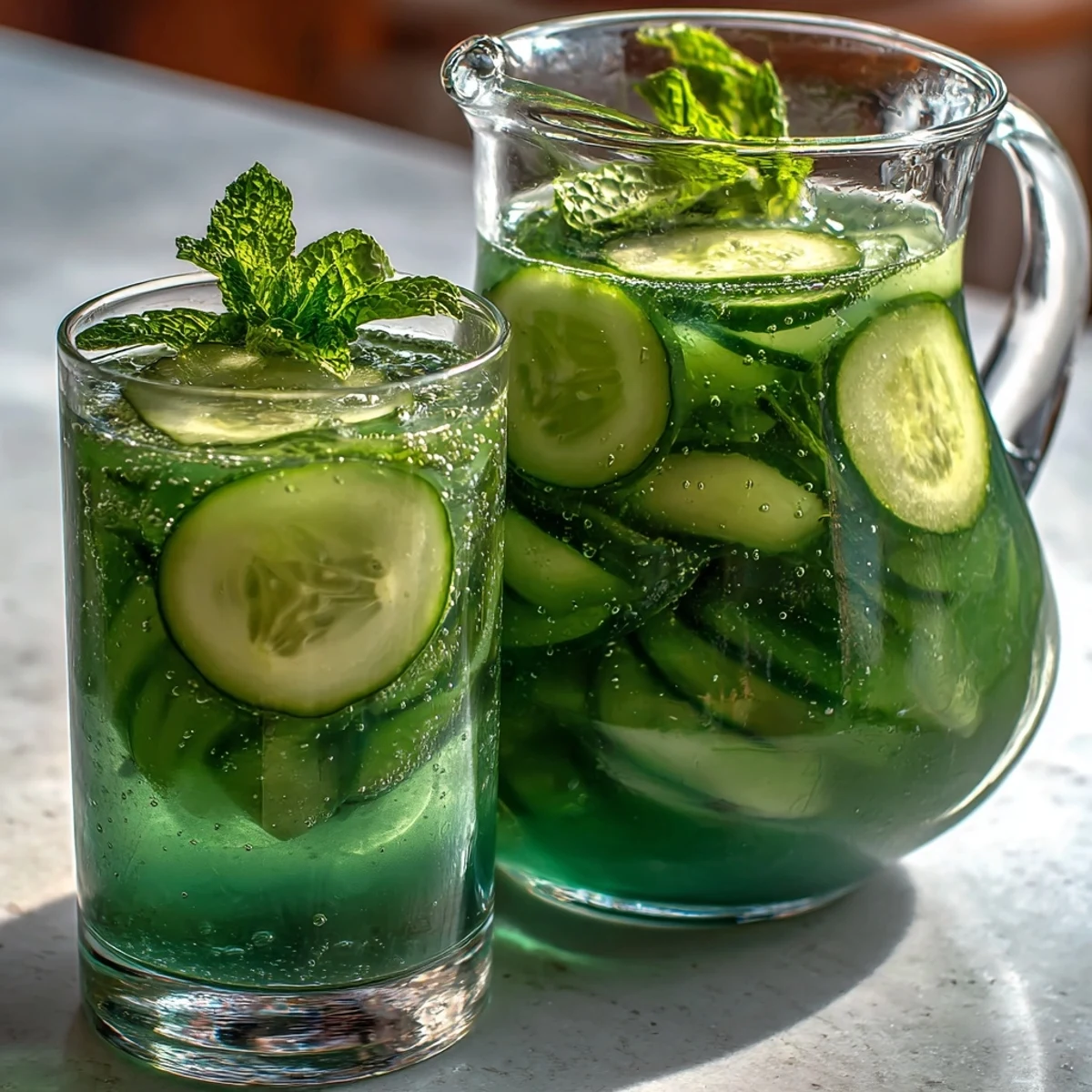 Sparkling water infused with fresh cucumber and mint, garnished with lime and served over ice for a cool treat.