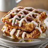 Cinnamon Roll Waffles topped with creamy, tangy cream cheese drizzle, fresh out of the waffle maker.