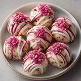 Close-up of Strawberry Shortcake Energy Bites glowing with creamy texture, freeze-dried strawberries, and sweet chocolate topping.