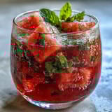 Chilled watermelon mint infused water with ice cubes and fresh mint garnish, perfect for a refreshing summer brunch.