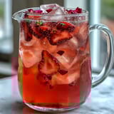 A tall pitcher of strawberry rose lemonade with fresh strawberries, lemon slices, and edible rose petals, served over ice cubes for a floral summer drink.