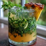 A vibrant glass of Pineapple Basil Agua Fresca with fresh basil leaves and lime slices, perfect for a refreshing summer drink.