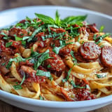 Hearty Italian-inspired sausage pasta, smothered in creamy tomato sauce, ready to serve.