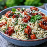 Tender orzo coated in creamy pesto, accented by sweet, caramelized cherry tomatoes.