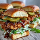 Juicy fried chicken sandwich with hot honey drizzle and pickles on brioche.
