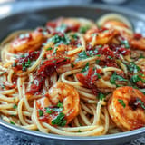 Spicy buldak pasta featuring succulent garlic butter shrimp, glistening with fresh parsley.