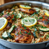 Golden seared chicken and vibrant zucchini in our easy One-Pan Lemon Chicken and Zucchini Orzo.