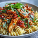 Velvety tomato basil chicken pasta, a comforting Italian dish perfect for dinner.