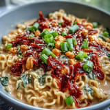Delicious bowl of creamy corn buldak ramen, topped with green onions, served hot.