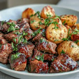 Juicy steak bites alongside crispy potatoes, tossed in savory garlic butter.