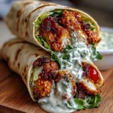 A satisfying Crispy Chicken Buldak Caesar Wrap piled with fresh greens.