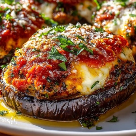 Stuffed Cheese Eggplant Parmesan baked golden, topped with rich marinara and bubbling cheese.