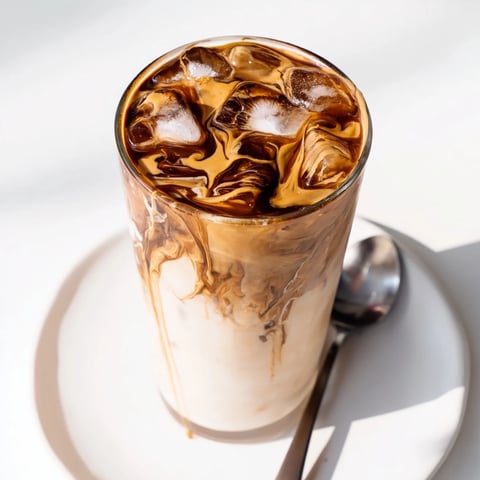 Creamy tahini iced coffee topped with plant-based milk and ice cubes.  