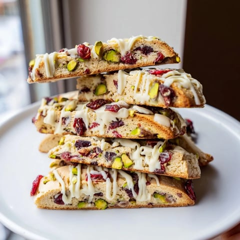 Golden-brown White Chocolate Cranberry Pistachio Biscotti ready to enjoy with a warm cup of coffee.