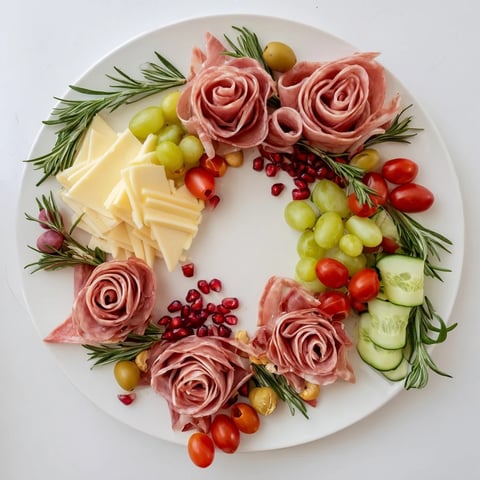 Quick Christmas Charcuterie Wreath Board overflowing with cheeses, meats, and vibrant fruits, ready to serve.