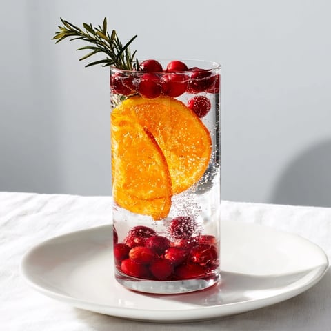 Festive snow globe mocktail with vibrant frozen cranberries and citrus, a beautiful holiday beverage.