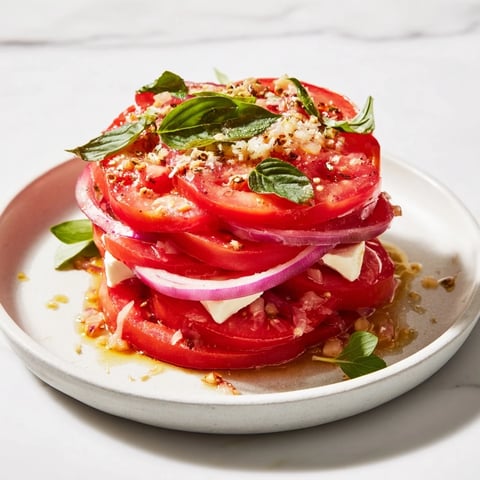 Golden and bubbly Speedy Feta-Free Tomato Bake, fresh from the oven, ready to serve with basil.