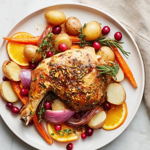 Golden-brown one-pan olive oil roast chicken, carrots, cranberries, and potatoes, ready for a delicious dinner.