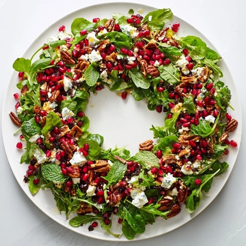 Festive Pomegranate Feta Wreath Salad with vibrant red pomegranate seeds and creamy feta.