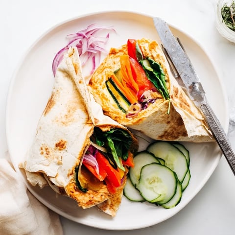 Snowflake Hummus & Roasted Veggie Wrap: a colorful, layered wrap filled with roasted veggies and creamy hummus.