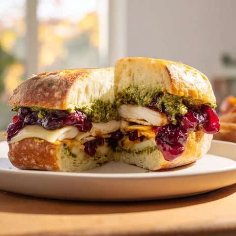 Golden, melted Pesto Cranberry Turkey Grilled Cheese, oozing with cheese and Thanksgiving flavors.