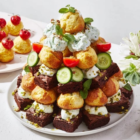 A delightful Tour dÉléphant Goûter Gourmand snack tower with honey drizzle and pistachio garnish.