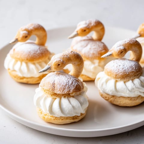 Delicate Elegant Swan Mini Pastries, golden brown with creamy vanilla filling, ready to serve.