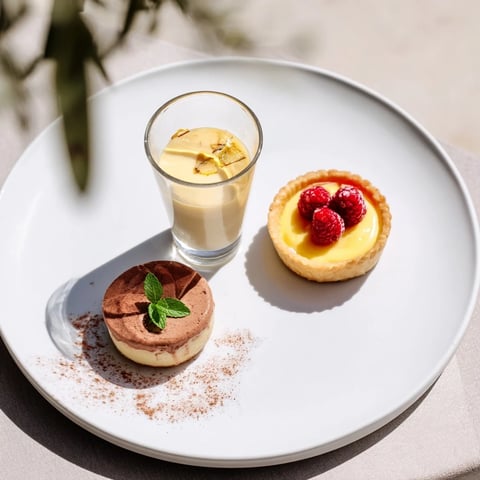 Elegant Assiette de Desserts Starry Delight showcasing a chocolate mousse, lemon tartlet, and raspberry financier dessert.