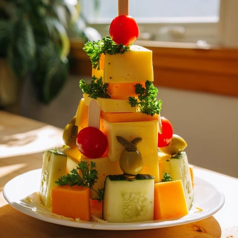 Festive Cube Cheese Stack with vibrant colors and toppings, ready for a delicious holiday appetizer.