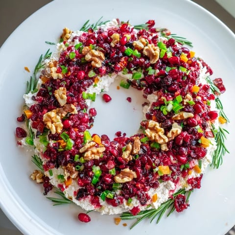 Vibrant Cranberry Feta Dip Wreath ready to be served, topped with red cranberries and green herbs.