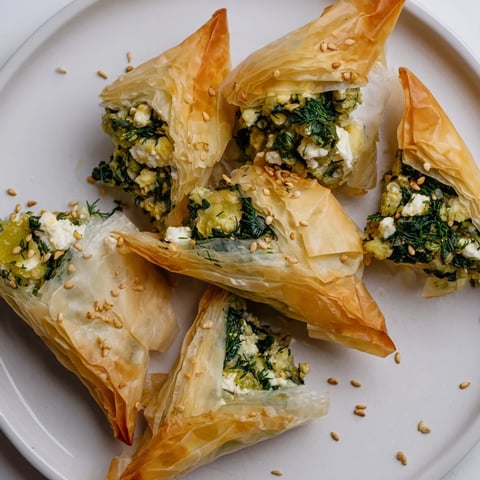 Golden and crispy Mini Spanakopita Triangle Cluster, a savory spinach and feta appetizer offering textural delight.