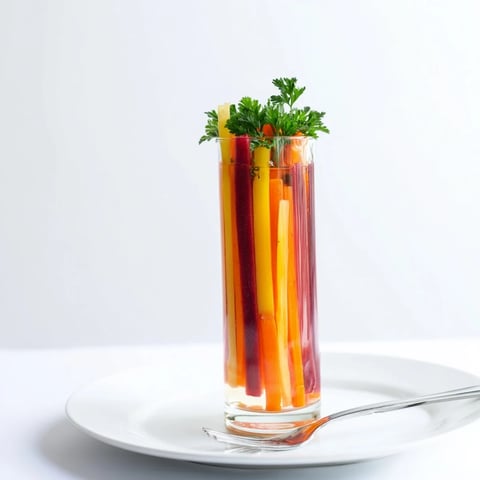 Vibrant rainbow carrot sticks chilled in tall glasses, a fresh and healthy crudités appetizer.