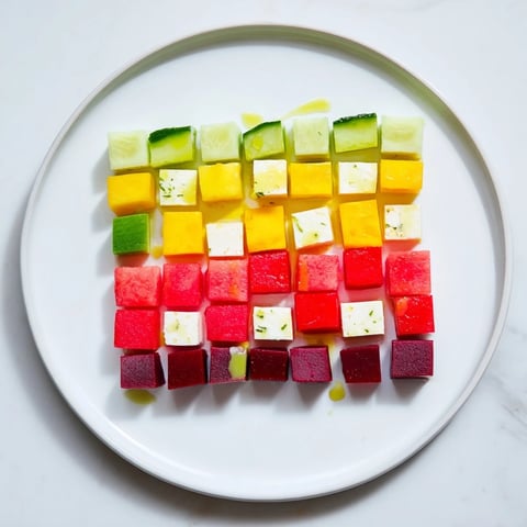Geometric Cube Salad arranged in colorful, perfect cubes, an artistic appetizer for serving.