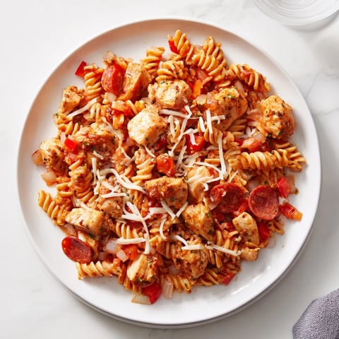 A bubbly, cheesy close-up shows a one-pan pizza pasta ready to serve with flavorful melted mozzarella.