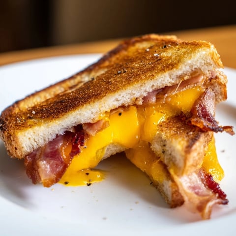 Golden-brown Crispy Bacon Cheddar Grilled Cheese, oozing with melted cheese and crispy bacon slices.