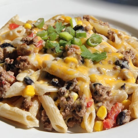 Steaming hot Cheesy Taco Pasta with melted cheese and fresh cilantro, a comforting family favorite.