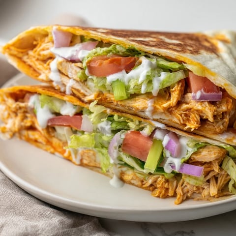 Textured, folded buffalo chicken wrap, bursting with veggies and melted cheddar cheese.