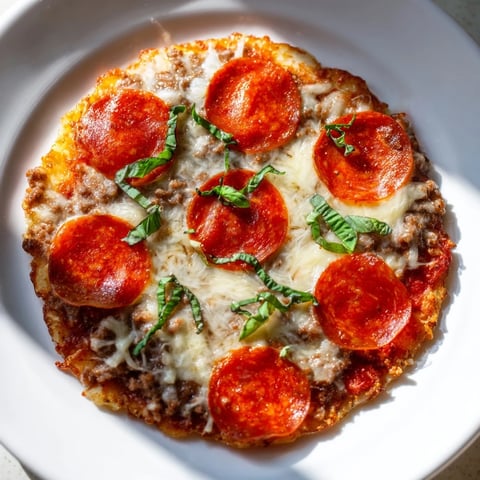 Golden, crispy ground beef pizza base topped with melted mozzarella and sizzling pepperoni; delicious!