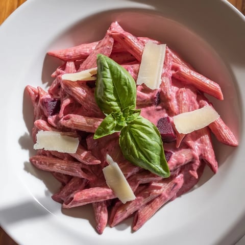 Pink pasta with beet cream, a creamy, vibrant dish topped with fresh basil and Parmesan.