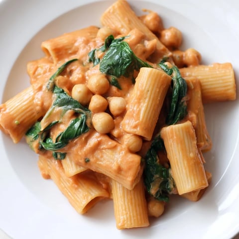 Creamy Tuscan Chickpea Pasta shines in a white bowl, twirled with golden pasta, chickpeas, and vibrant spinach in a velvety tomato cream sauce.  
