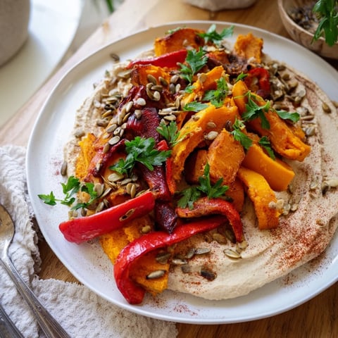 Creamy butter bean hummus topped with golden roasted butternut squash, sweet potatoes, and bell peppers for a vibrant winter salad.  