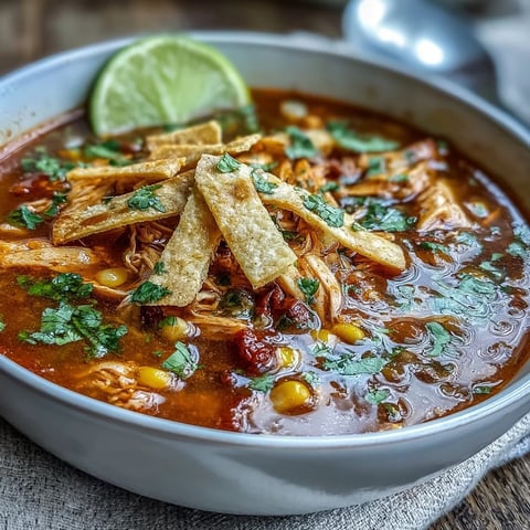 Golden-hued Best Chicken Tortilla Soup steams in a rustic bowl, topped with crispy tortilla strips and fresh cilantro.