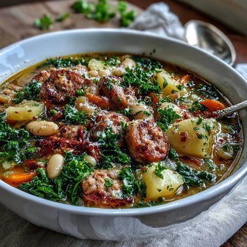 A steaming bowl of Tuscan White Bean Sausage Soup featuring crumbled sausage, creamy white beans, and wilted kale. 