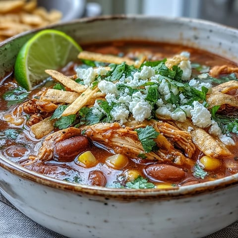 Hot Chicken Tortilla Soup steaming in a bowl with crispy tortilla strips, avocado slices, and melted cotija cheese.